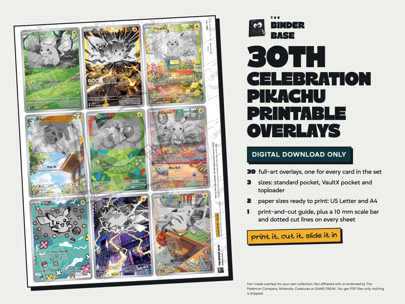 A US Letter sheet of nine full-art Pikachu printable overlays, each with a grey art window marking where the real card sits