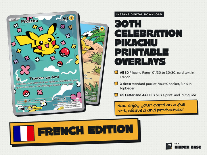 French edition 30th Celebration Pikachu printable card overlays with French card text: cover with the flag and FRENCH EDITION stamp