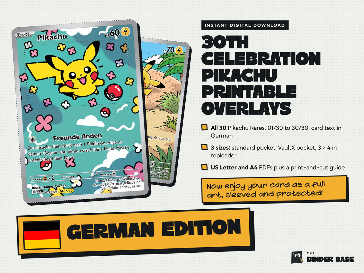 German edition 30th Celebration Pikachu printable card overlays with German card text: cover with the flag and GERMAN EDITION stamp
