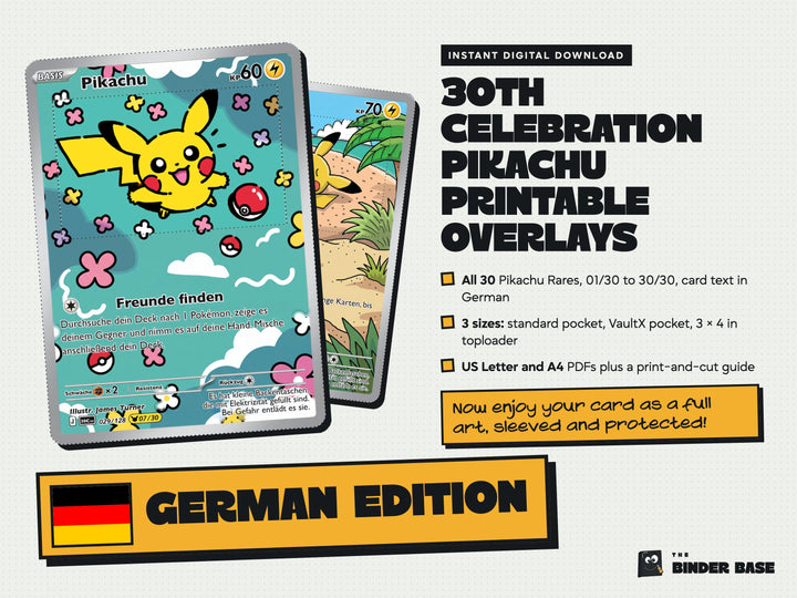 German edition 30th Celebration Pikachu printable card overlays with German card text: cover with the flag and GERMAN EDITION stamp