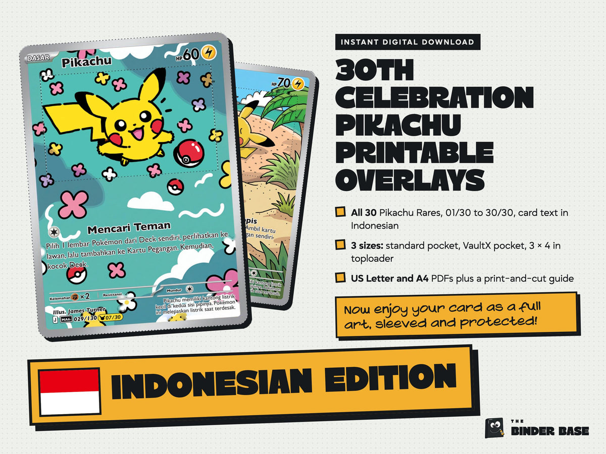 Indonesian edition 30th Celebration Pikachu printable card overlays with Indonesian card text: cover with the flag and INDONESIAN EDITION stamp