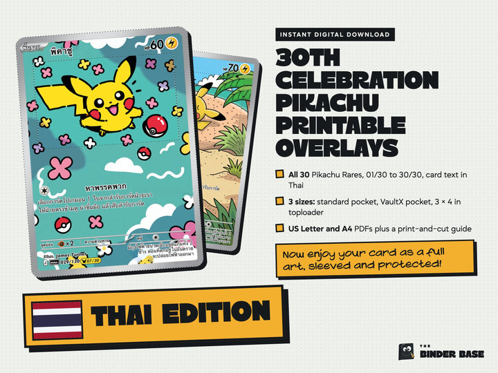 Thai edition 30th Celebration Pikachu printable card overlays with Thai card text: cover with the Thai flag and THAI EDITION stamp