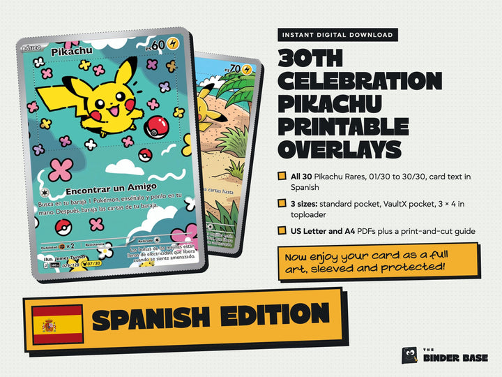 Spanish edition 30th Celebration Pikachu printable card overlays with Spanish card text: cover with the flag and SPANISH EDITION stamp