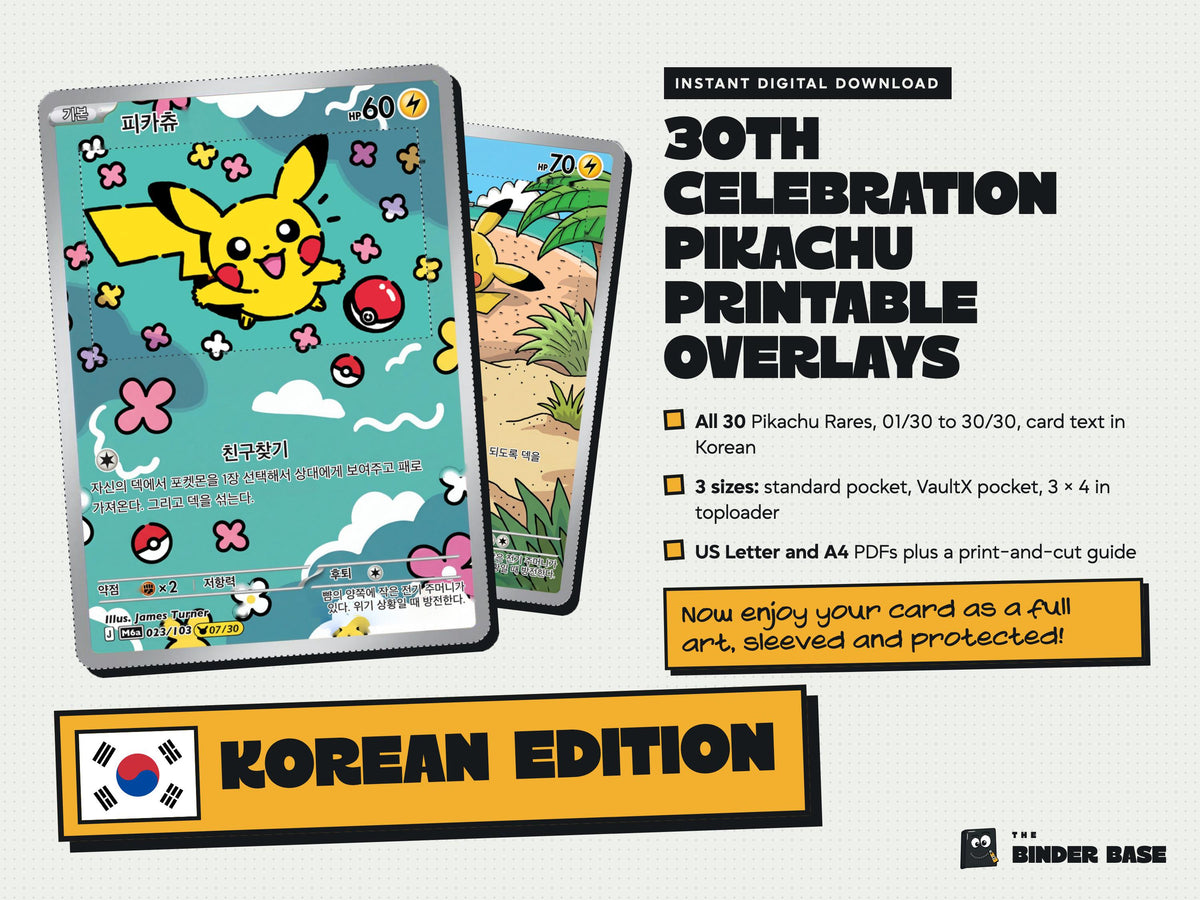 Korean edition 30th Celebration Pikachu printable card overlays with Korean card text: cover with the flag and KOREAN EDITION stamp